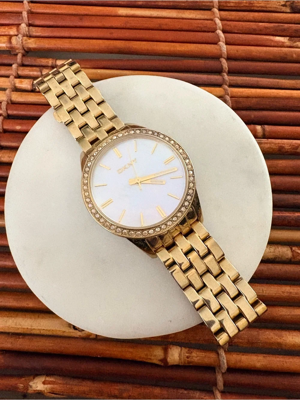 DKNY Gold Tone Crystal Bezel Watch with Mother-of-Pearl Dial Needs Battery